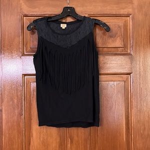 Black Fringe Tank Top with Lace Detailing